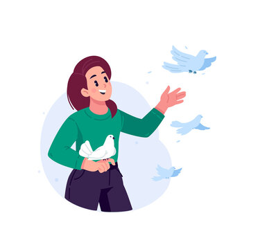 The girl breeds and launches white pigeons with messages. The concept of online communication, mobile applications and digital communication. An illustration for a website and a web banner.