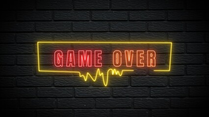 Obraz premium Retro neon sign declares game over on dark brick wall, perfect for esports or gaming content creation with a modern touch