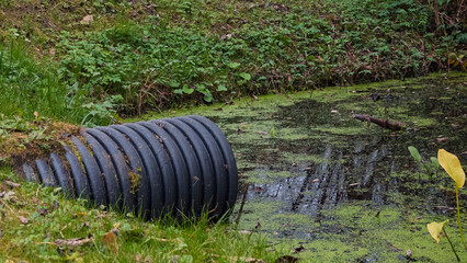 Pipe detail: view of a modern plastic drainage tube partially buried in grass, connecting melioration channels. Focus on infrastructure and environmental contrast in nature.