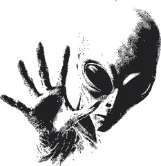 Alien head sketch, hand drawn style, large eyes, raised hand, monochrome &mdash; stock vector