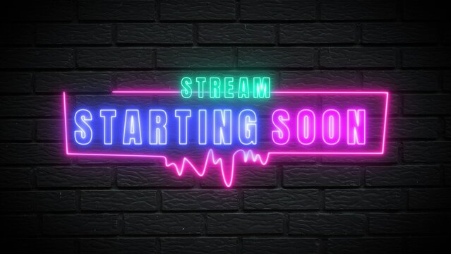 Get hyped for the live stream starting soon with a vibrant neon announcement on a sleek black brick wall background