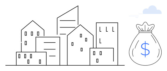 Outline of city buildings with a money bag featuring a dollar sign. Ideal for real estate, investments, financial growth, urban development, savings, housing market, economy themes. A simple flat