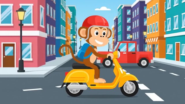 happy cartoon monkey riding yellow scooter in city street