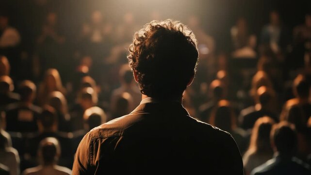 Back view of male speaker with curly hair addressing a large audience on a dimly lit stage during a presentation or performance.