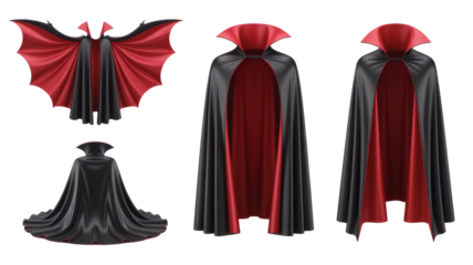 Dramatic black and red vampire cloak collection showcases elegant flowing fabric and striking gothic style for costumes