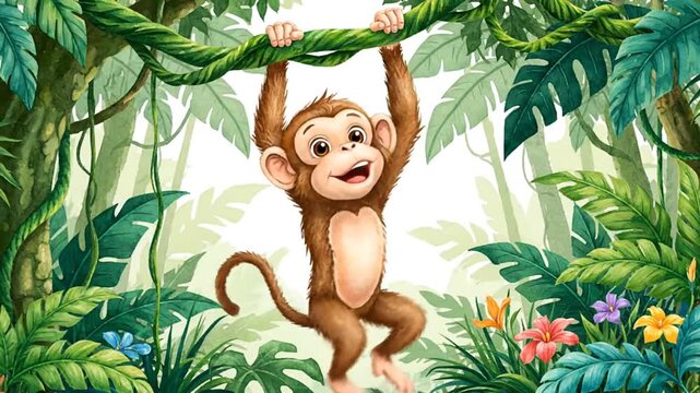 playful cartoon monkey swinging in tropical jungle vines