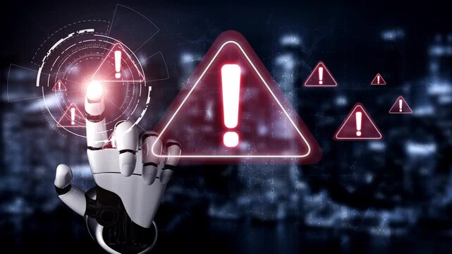 AI monitors network to issue real-time alerts for cybersecurity incident. Alert warning showing red cyber for data breach, network threat, emphasis on security risk, caution, digital protection Marrow