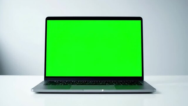 Corporate Workspace Template with 4k a laptop computer key green screen set on work office table distortion, overlay, glitch, static noise, scan lines black background, animated video loop