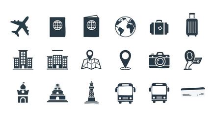 Monochrome Travel and Tourism Icon Set — Flat Solid Style for Vacation and Trip Design