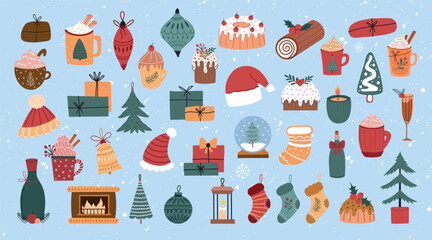 Hand drawn cozy Christmas clipart collection with mugs, gifts, socks, and festive home decor. Perfect for winter cards, prints, stickers, and holiday designs.