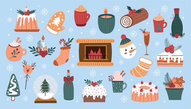 Merry Christmas set with cute elements for design. Christmas tree, gingerbread, candle, snow ball. For cards, banners, website, icons, fabrics