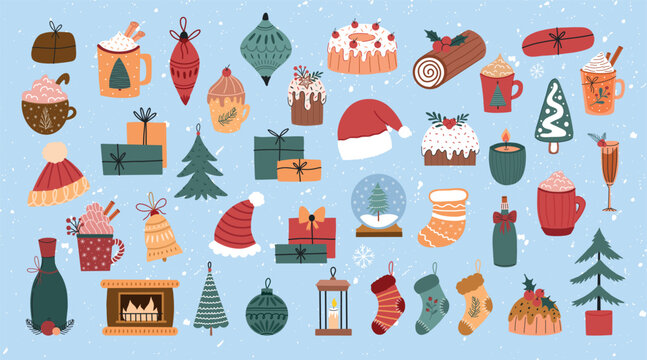 Hand drawn cozy Christmas clipart collection with mugs, gifts, socks, and festive home decor. Perfect for winter cards, prints, stickers, and holiday designs.