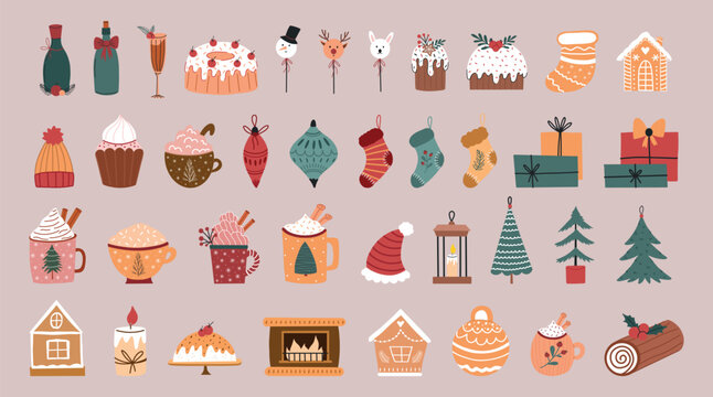Hand drawn cozy Christmas clipart set with cups, desserts, stockings, gifts, and candles. Perfect for winter cards, prints, stickers, and festive designs.