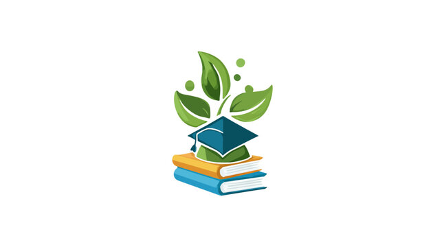 Stack of colorful books topped with mortarboard, green leaves and dots sprouting behind