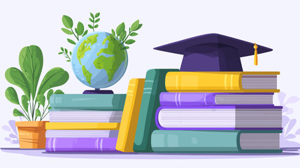 Books, globe, plant, mortarboard in pastel colors on light background, academic theme