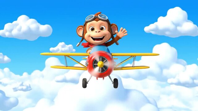 happy monkey pilot waving flying biplane blue sky
