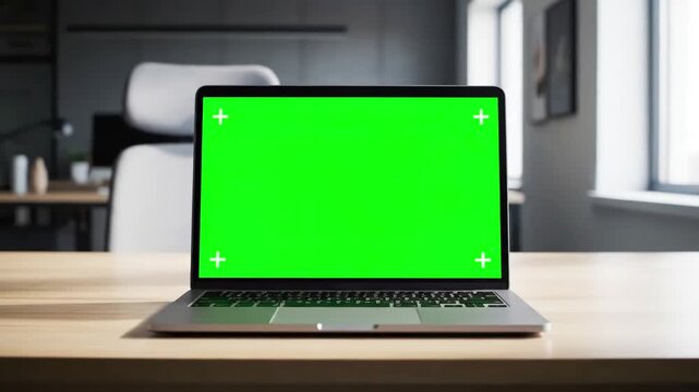 Contemporary Green Screen Office Desk with successful black businessman sitting at working on laptop computer in anonymous businessperson using chroma key display stylish bright workplace over