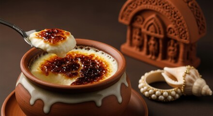 Creamy Bangladeshi Mishti Doi in Hand-Thrown Earthenware – Caramelized Yogurt with Terracotta Temple Fragment & Conch Bangle | Soft Dessert Photography