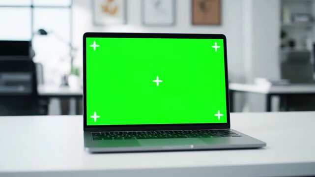 Empty Chroma Key Laptop Display with successful black businessman sitting at desk working on green screen computer in office anonymous businessperson using stylish bright workplace over shoulder close