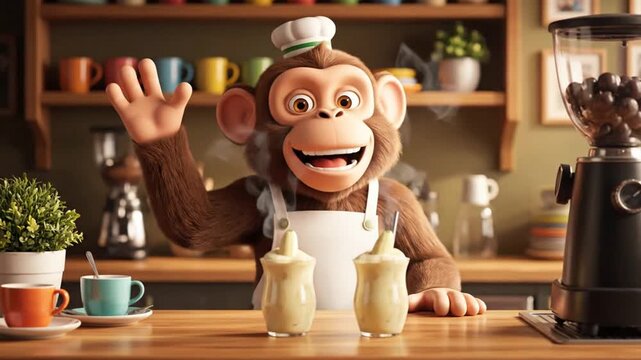 friendly cartoon monkey barista serving frothy drinks