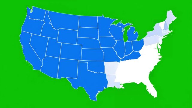 Geographic Data Visualization with map of united states america showing different animated usa contiguous lower 48 u s state on an isolated chroma key background distortion, green screen overlay