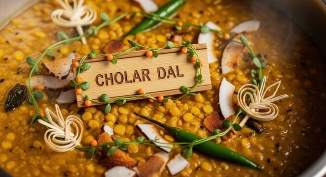 Cholar Dal with Coconut in Pot &ndash; Bamboo Plaque with Lentil Vine & Coconut Husk Motifs | Nostalgic Bengali Lentil Curry Photography