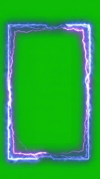 Neon Energy Frame with seamless looping lightning background or border on green screen distortion, overlay, glitch, static noise, scan lines black background, 4k animated video loop