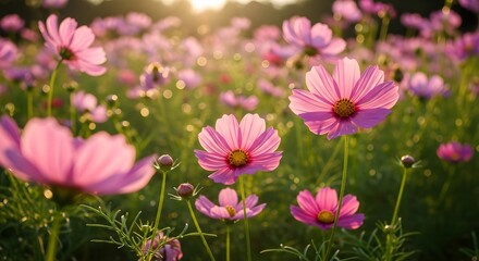 Pink cosmos flowers blooming in a field at sunset