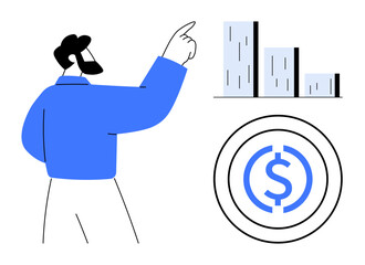 Businessman pointing at increasing bar chart alongside a money icon representing financial growth. Ideal for business development, finance, investment strategy, economic analysis, goal achievement