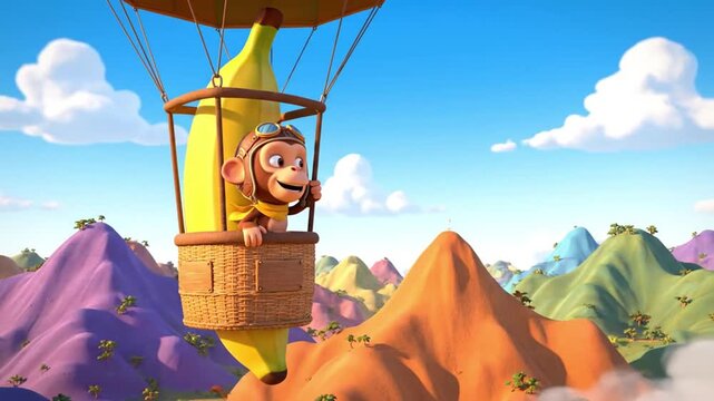 cute monkey flying banana balloon colorful mountains