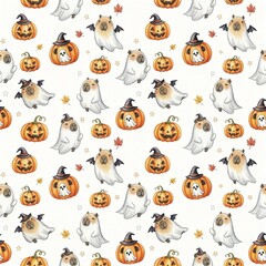 Obraz premium Cute ghosts capybaras with pumpkins seamless pattern