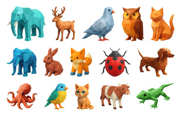 Fototapeta premium PNG Colorful geometric animal illustrations, element set on transparent background