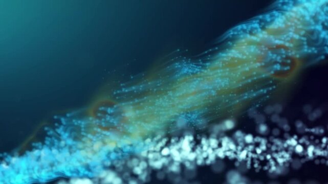 Abstract flowing particles and energy stream on a dark blue background, digital art representing motion and connection
