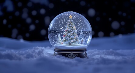 Winter holiday magic captured inside a glass snow globe featuring a glowing Christmas tree, set against a snowy night scene