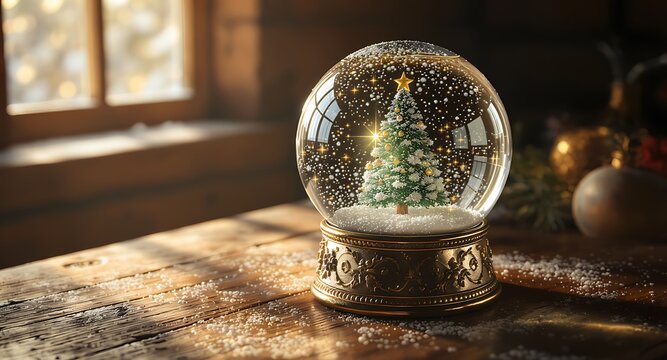 Enchanting Christmas Snow Globe A Nostalgic Holiday Scene with Golden Highlights