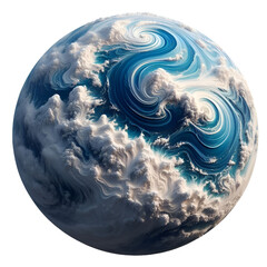 A high-quality artwork image of a fantasy planet, digitally designed to combine vivid colors with the fluid texture of cosmic clouds. The scene displays gas swirls and waves of orange, blue, and white