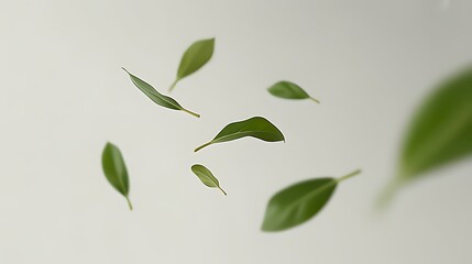 Soft-focus green leaves gently falling against off-white backdrop. Dreamy, organic movement. Ideal for meditation, yoga, or natural skincare product visuals.

