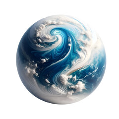 A high-quality artwork image of a fantasy planet, digitally designed to combine vivid colors with the fluid texture of cosmic clouds. The scene displays gas swirls and waves of orange, blue, and white