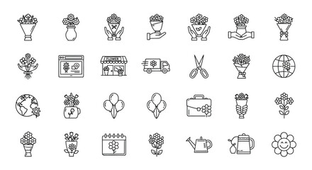 A set of linear icons on the theme of floristry and flower shop contains images of bouquets, flowers, vases, etc