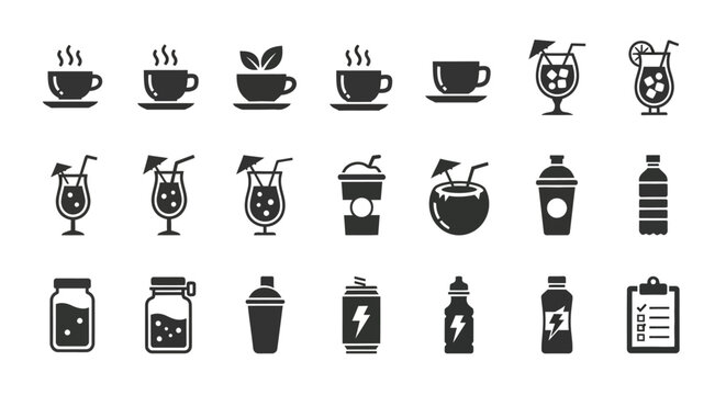 Collection of various beverage icons, including coffee, tea, juice, cocktails, and energy drinks for diverse needs