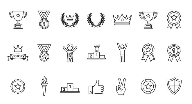 A set of linear icons on the theme of awards and achievements contains images of cups, medals, laurel wreaths, etc