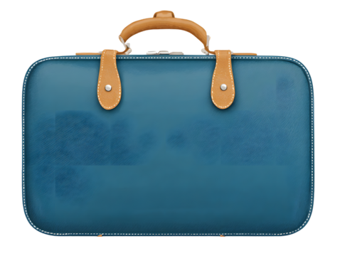 Stylish vintage blue travel suitcase with rich tan leather accents, evoking a sense of adventure and classic journeys for your next getaway.