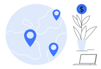 Blue map pins on globe, plant with dollar sign indicating financial growth, and a laptop for digital tools. Ideal for finance, business, globalization, strategy, investment, sustainability