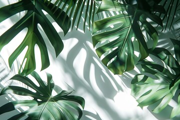 Tropical Monstera Leaves with Shadows on White Background