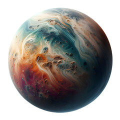 A high-quality artwork image of a fantasy planet, digitally designed to combine vivid colors with the fluid texture of cosmic clouds. The scene displays gas swirls and waves of orange, blue, and white