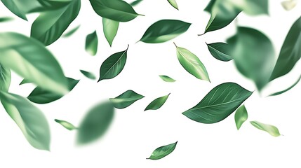 Soft-focus green leaves gently floating on a pure white background. Evokes nature, freshness, and tranquility. Ideal for eco, wellness, or organic themes.

