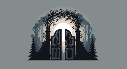 Enchanted forest entrance with an open gate, beckoning a journey into a magical world, where fantasy meets reality, an invitation to adventure and wonder