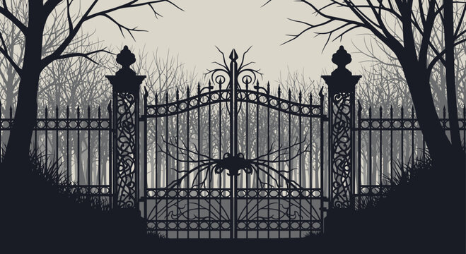 Eerie silhouette of an ornate wrought iron gate entrance to a spooky forest, perfect for Halloween designs, gothic themes, or haunted house concepts
