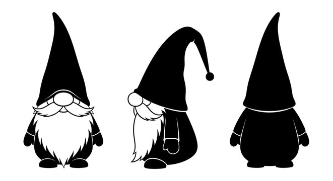 A charming trio of whimsical garden gnomes, featuring detailed illustrations and a sleek silhouette, perfect for festive holiday designs and folklore themes.