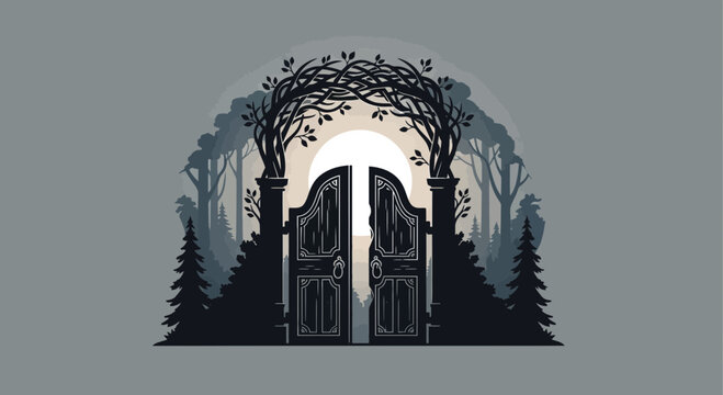 Enchanted forest entrance with an open gate, beckoning a journey into a magical world, where fantasy meets reality, an invitation to adventure and wonder